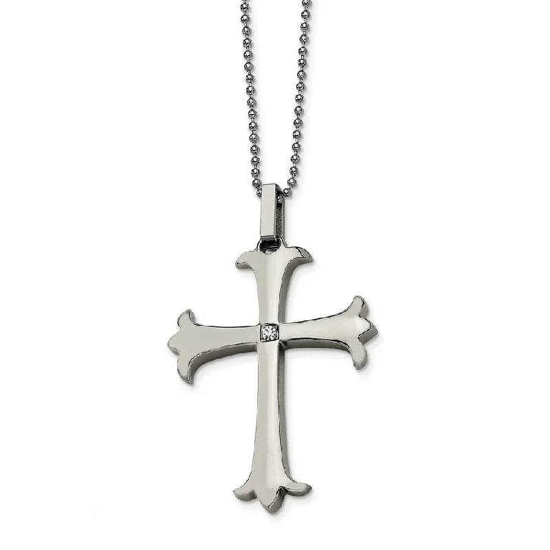 Necklace with Engraved Charm for Personal Touch-Stainless Steel Polished Fleur-de-lis Cross Necklace with CZ - 22 Inch