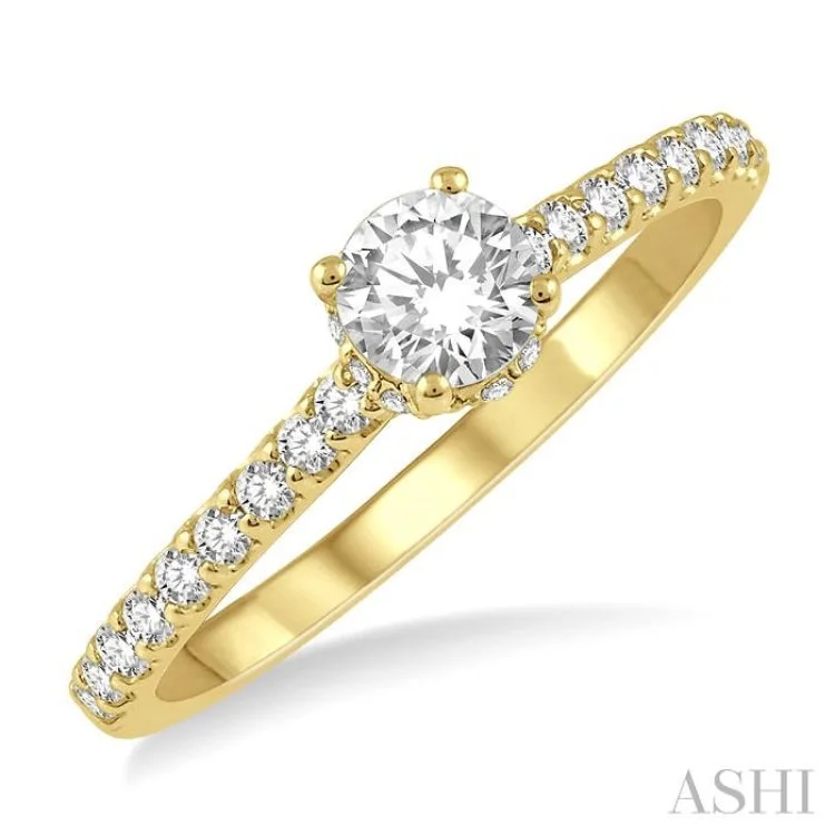 Large Ring with Gemstone for Fashion-1/2 Ctw Diamond Engagement Ring With 1/4 ct Round Cut Diamond Center Stone in 14K Yellow Gold