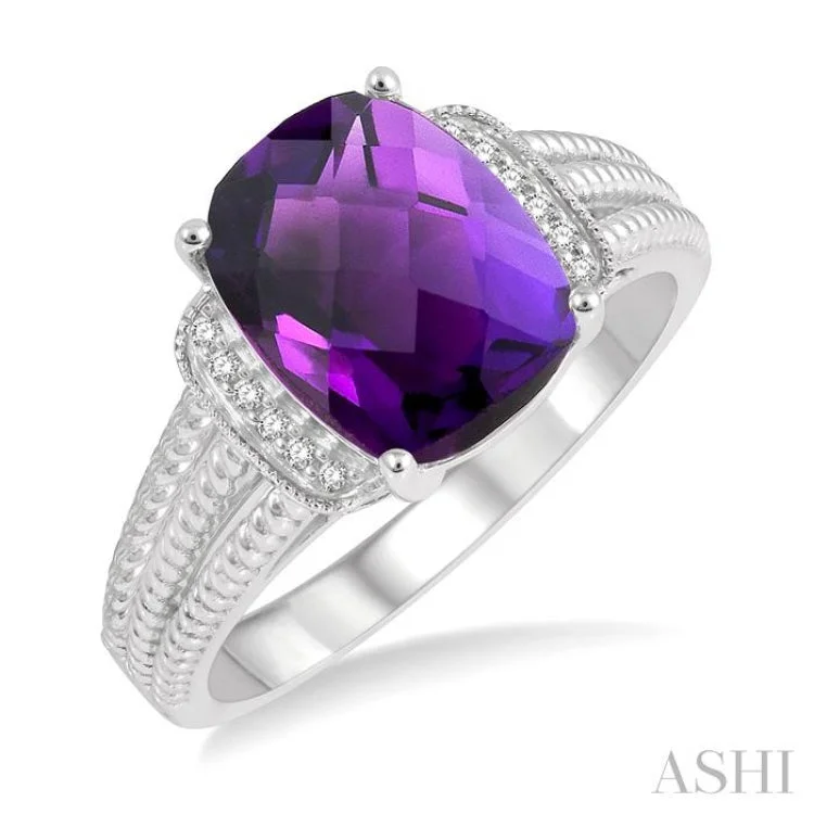 Classic Diamond Band Ring for Wedding-1/20 Ctw Round Cut Diamond & 10x8MM Cushion Cut Amethyst Semi Precious Ring in Sterling Silver