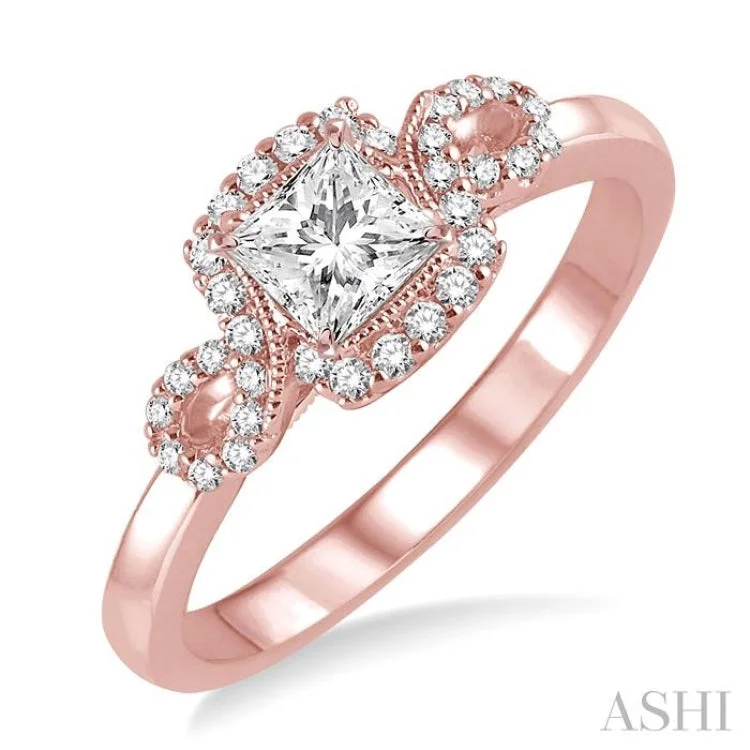 Silver Engagement Ring for Minimalist Style-3/8 Ctw Diamond Engagement Ring with 1/5 Ct Princess Cut Center Stone in 14K Rose Gold