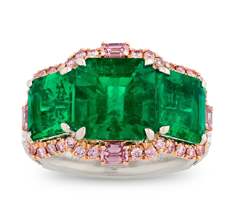 Titanium Wedding Ring for Men-Muzo Emerald and Argyle Pink Diamond Ring, 5.72 carats