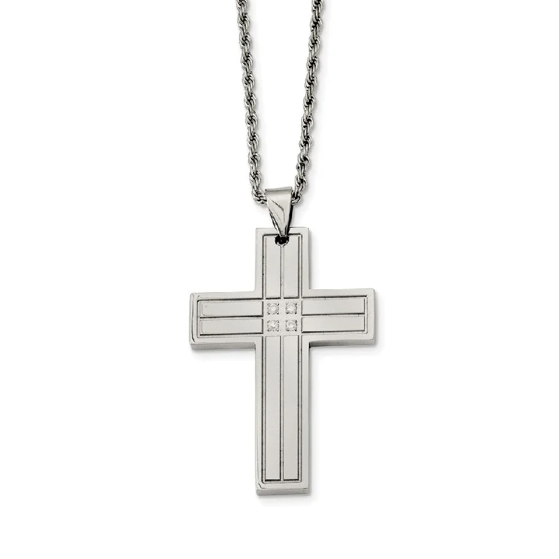 Custom Gold Necklace for Unique Style-Stainless Steel Grooved Cross w/Cubic Zirconia's Necklace - 24 Inch