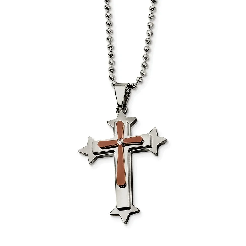 Long Chain Necklace for Layering-Stainless Steel, Cognac Accent and Cubic Zirconia Cross Necklace