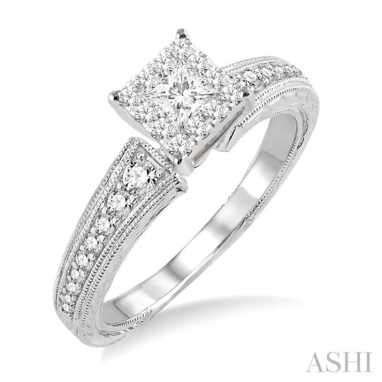 Elegant Silver Engagement Ring-1/2 Ctw Round Cut Diamond Lovebright Engagement Ring in 14K White Gold