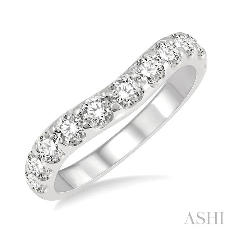 Bold Stackable Rings for Fashion-1 Ctw Arched Center Round Cut Diamond Wedding Band in 14K White Gold