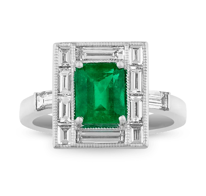 Custom Name Ring for Personal Touch-Art Deco-Style Emerald Ring, 1.46 carats