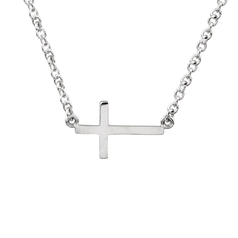 Luxury Diamond Necklace for Brides-17mm Polished Sideways Cross Adjustable Sterling Silver Necklace