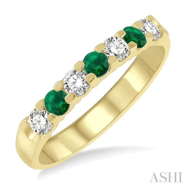 Wedding Band with Gemstones-3/8 ctw Round Cut Diamond and 3MM Emerald Precious Wedding Band in 14K Yellow Gold