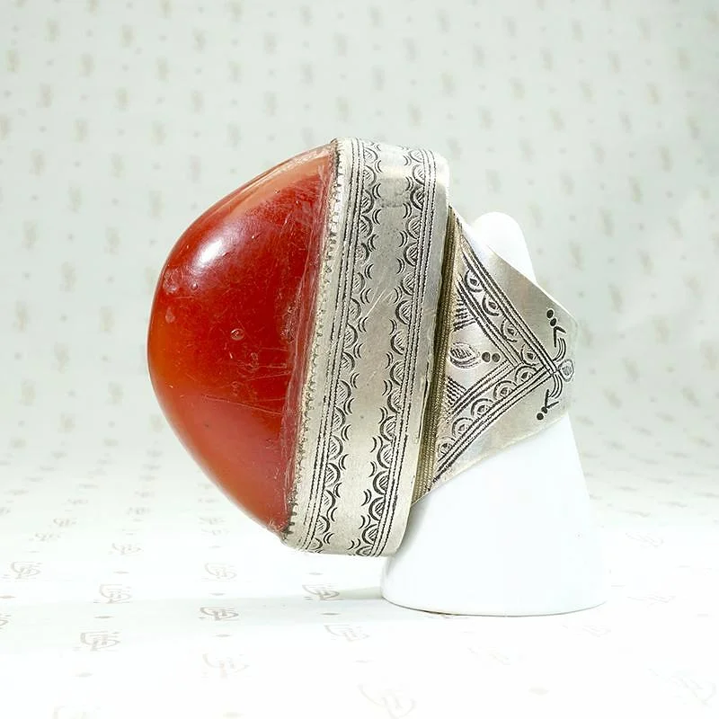 Personalized Gold Ring for Women-Massive Red Copal in Engraved Metal Ring