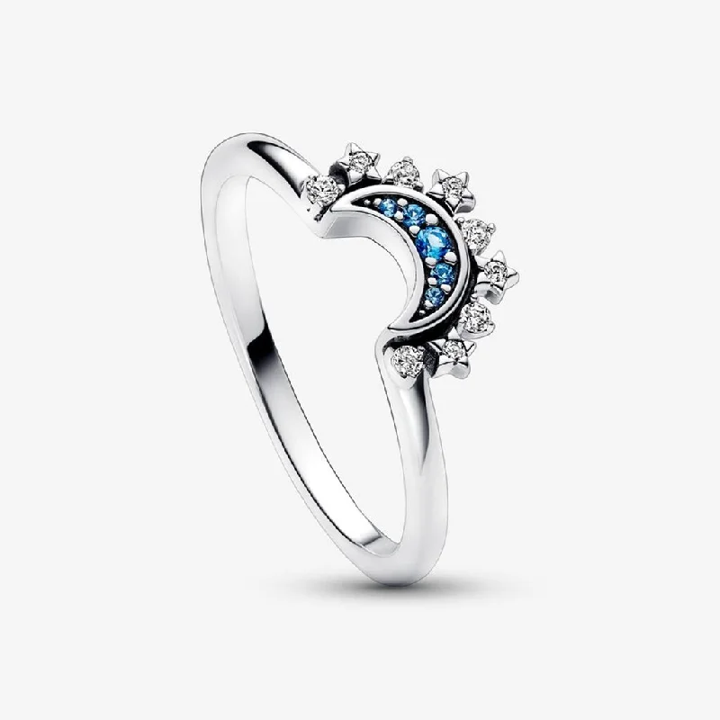 Vintage Wedding Ring for Couples-PANDORA : Celestial Blue Sparkling Moon Ring