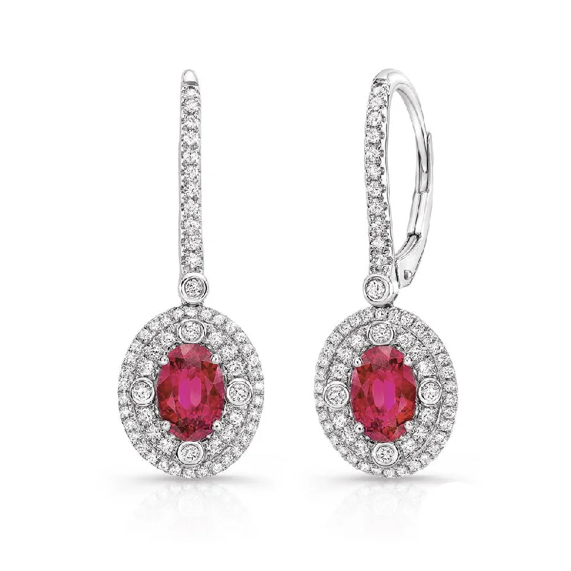 Minimalist Earrings for Daily Wear-Uneek Precious Collection Double-Halo Oval Shaped Ruby Dangle Earrings