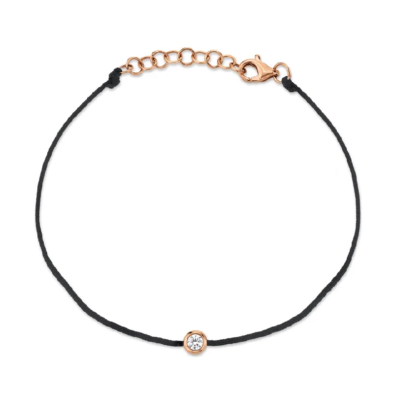 Adjustable Silver Bracelet for Comfort-14K Rose Gold Black String Diamond Bezel Bracelet