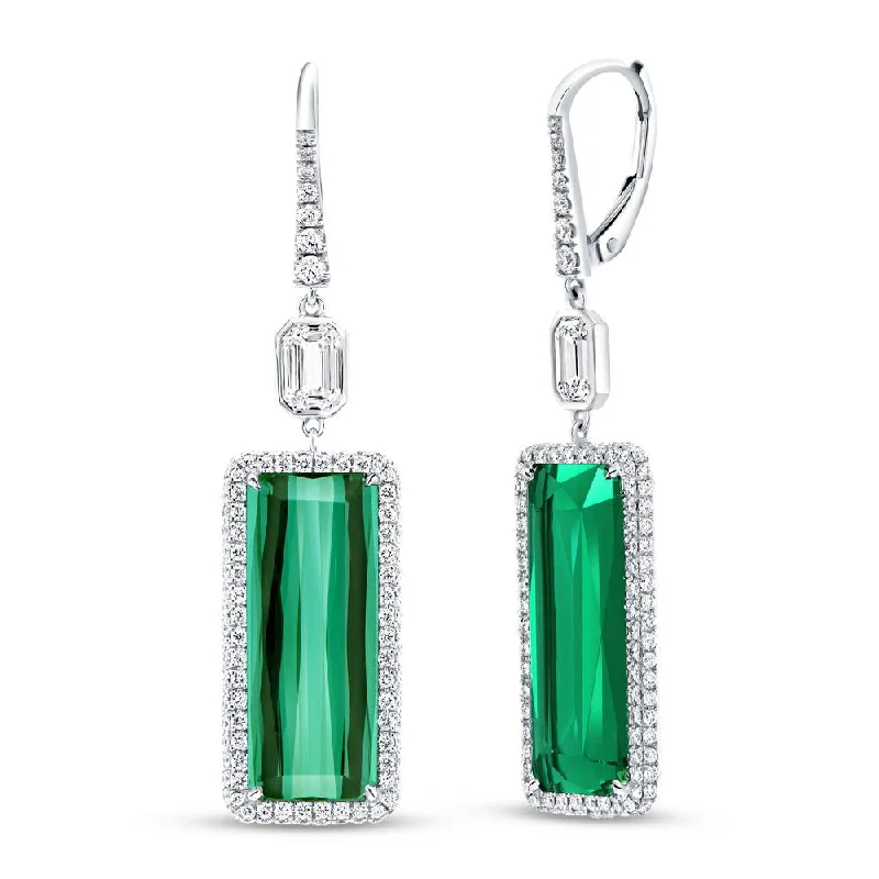 Large Gemstone Earrings for Special Events-Uneek Stackable Collection Halo Emerald Cut Green Tourmaline Dangle Earrings