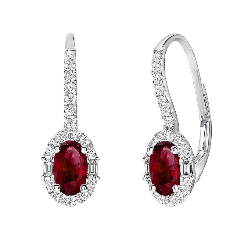 Bridal Gold Earrings for Weddings-Uneek Precious Collection Halo Oval Shaped Ruby Drop Earrings