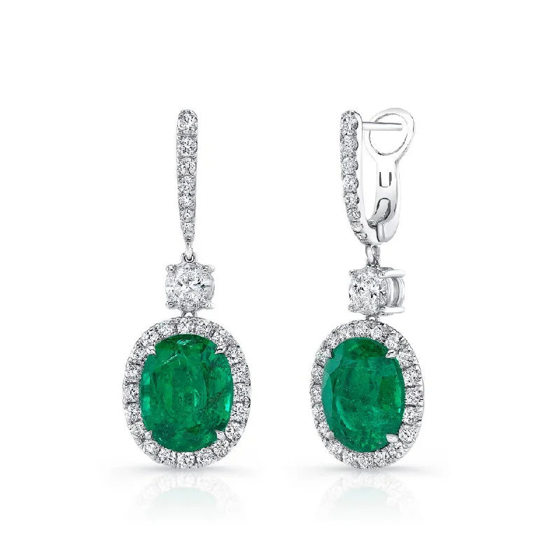 Large Drop Earrings for Fashion-Uneek Precious Collection Halo Oval Shaped Emerald Dangle Earrings