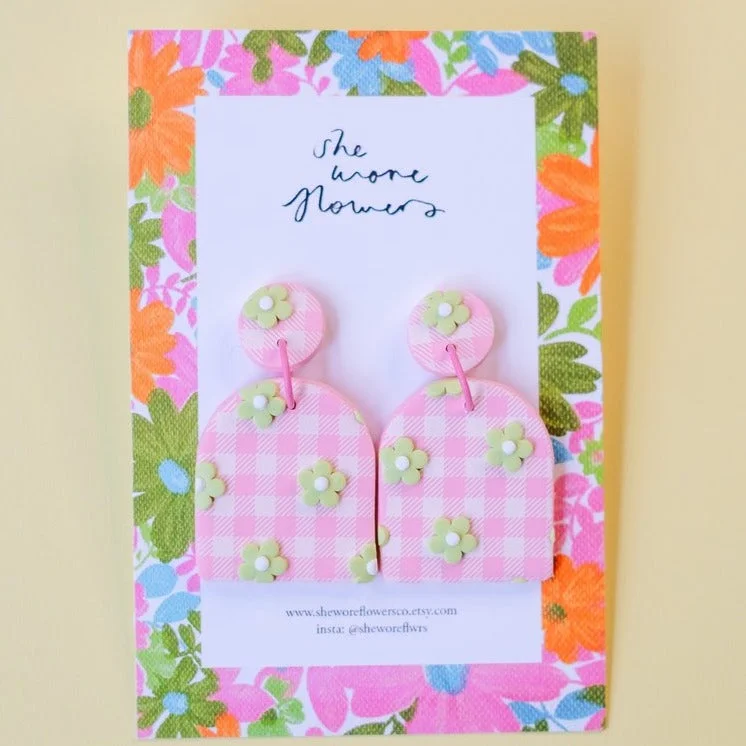 Bright Earrings for Daytime Looks-She Wore Flowers Dangles - Pink Gingham Rectangle