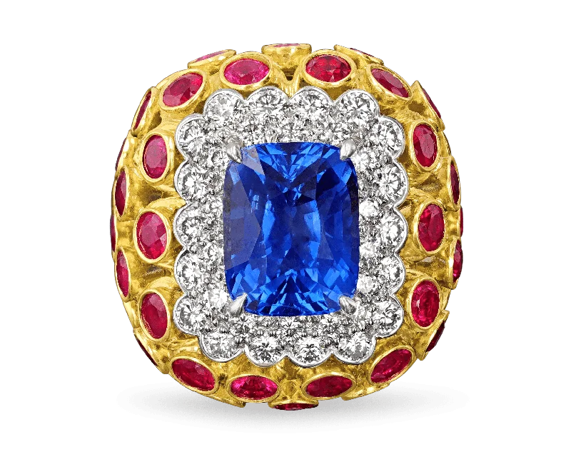 Custom Engagement Ring with Sapphire-David Webb Sapphire, Ruby and Diamond Ring