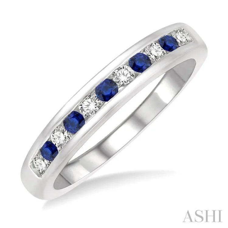 Birthstone Engagement Ring for Women-1/5 ctw Round Cut Diamond and 2MM Sapphire Precious Wedding Band in 14K White Gold