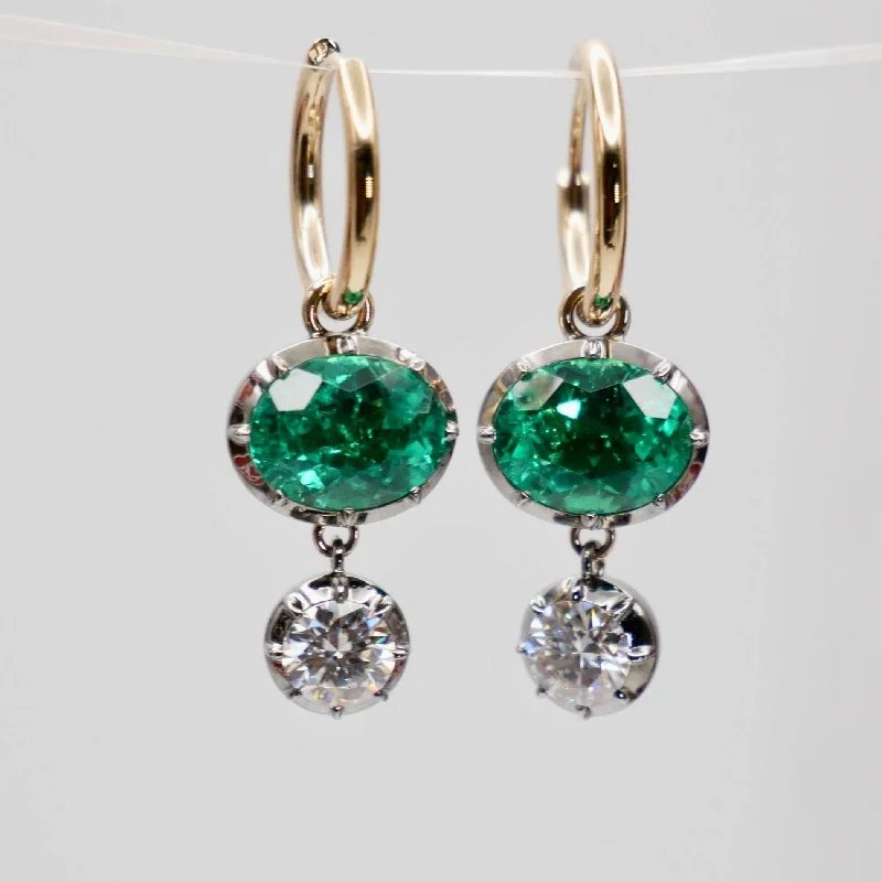 Beautiful Earrings for Fashionable Look-5 ct Oval Emerald and Round Moissanite Georgian Blackened Hoop Earrings Antique Inspired