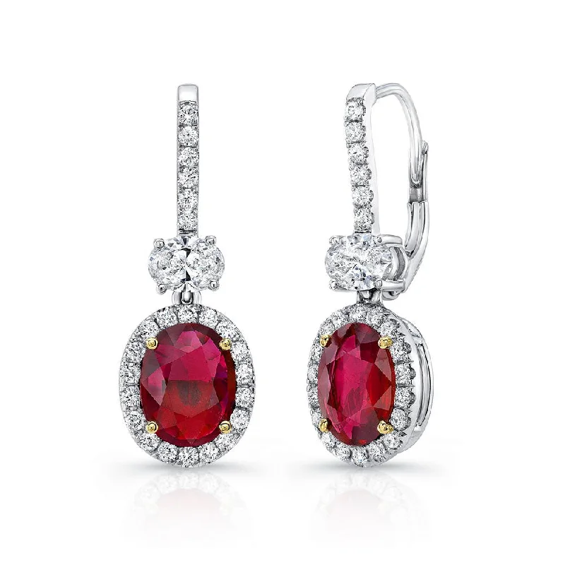 Classic Earrings for Women-Uneek Precious Collection Halo Oval Shaped Ruby Dangle Earrings