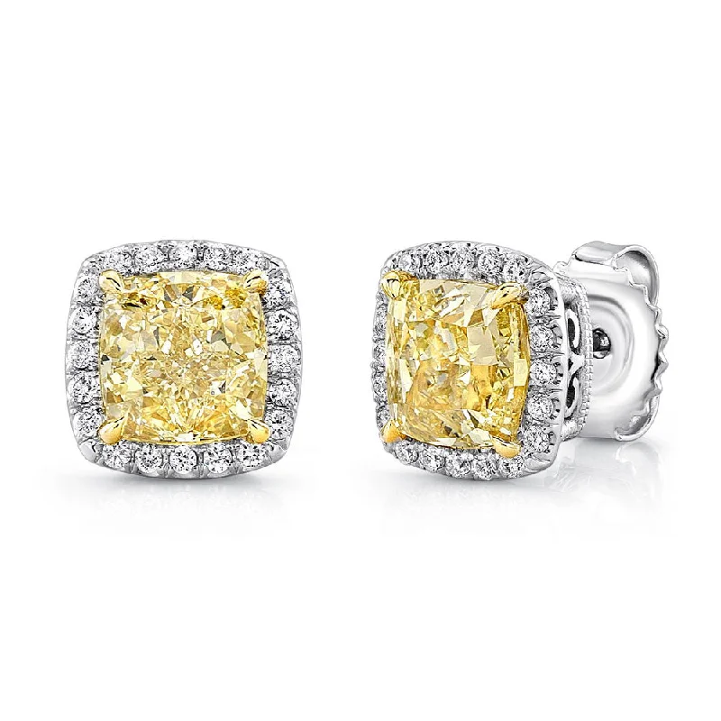 Crystal Earrings for Evening Glam-Uneek Cushion Yellow Diamond Halo Stud Earrings