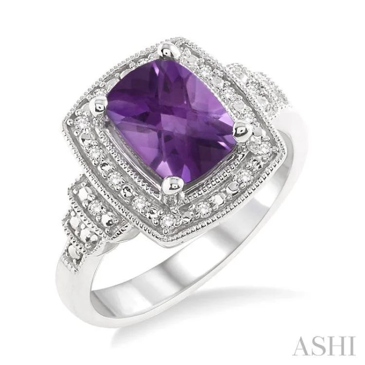 Multi-Gemstone Engagement Ring-9x7MM Cushion Cut Amethyst and 1/10 Ctw Single Cut Diamond Ring in Sterling Silver