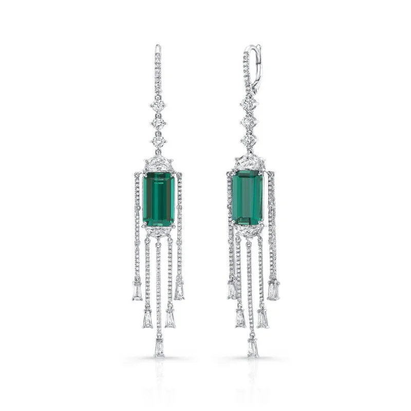 Trendy Earrings for Teens-Uneek Reign Drops Green Tourmaline Dangling Diamond Earrings