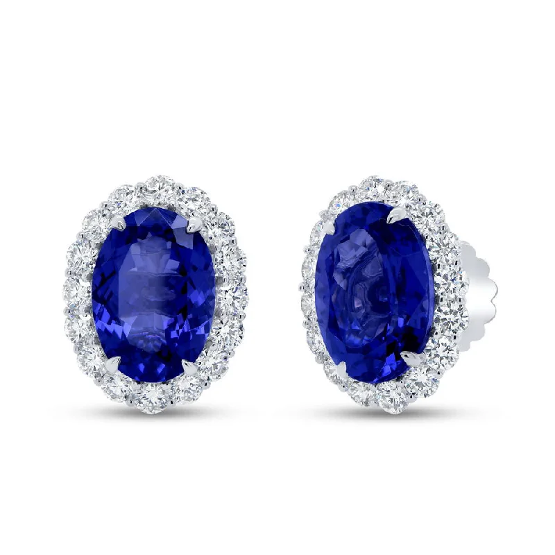 Colorful Stone Earrings-Uneek Precious Collection Halo Oval Shaped Tanzanite Stud Earrings