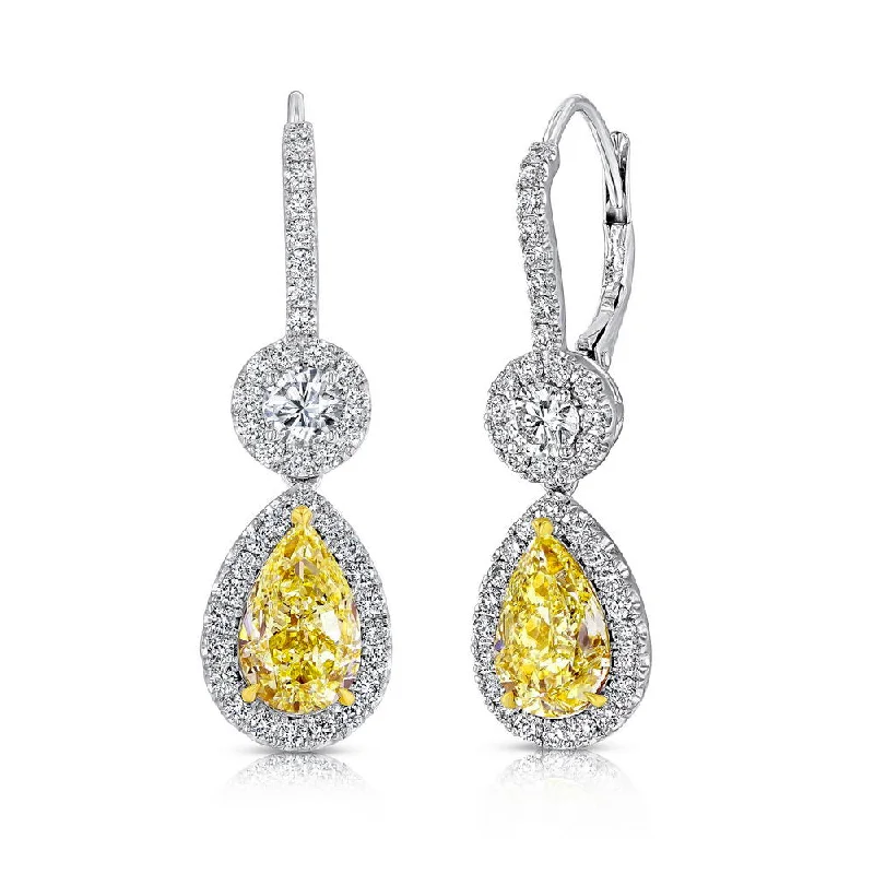 Custom Hoop Earrings for Women-Uneek Pear-Shaped Fancy Yellow Diamond Dangle Earrings with Accent Round Diamonds