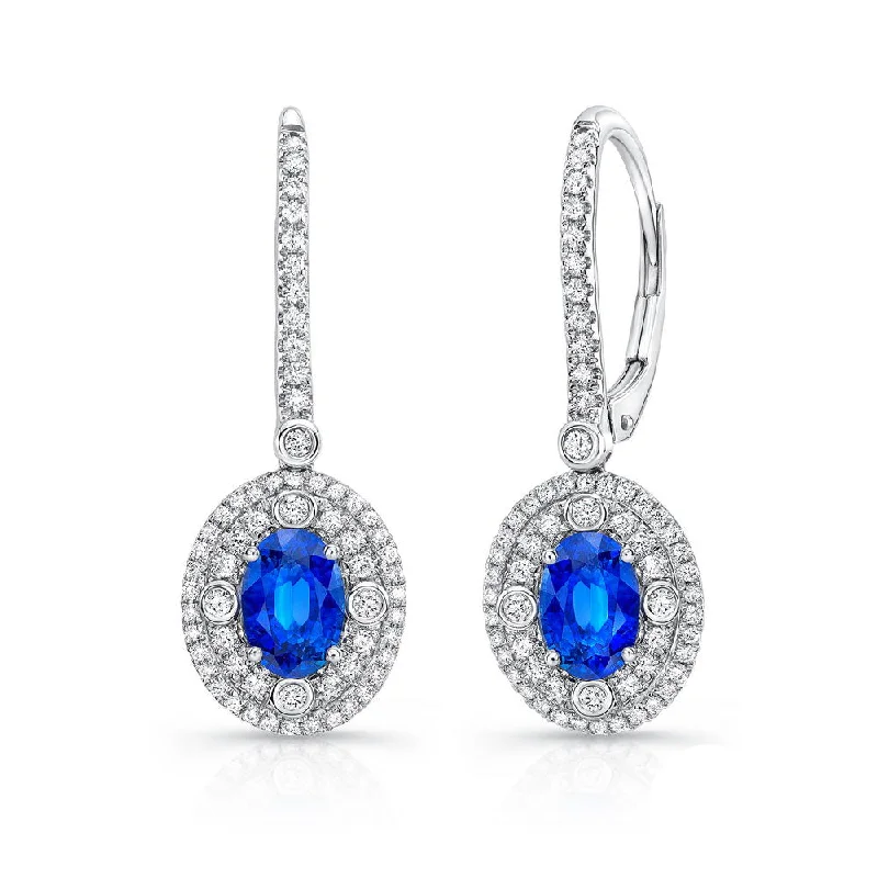 Sterling Silver Earrings-Uneek Oval Blue Sapphire Earrings with Diamond Double Halos and Accent Bezels