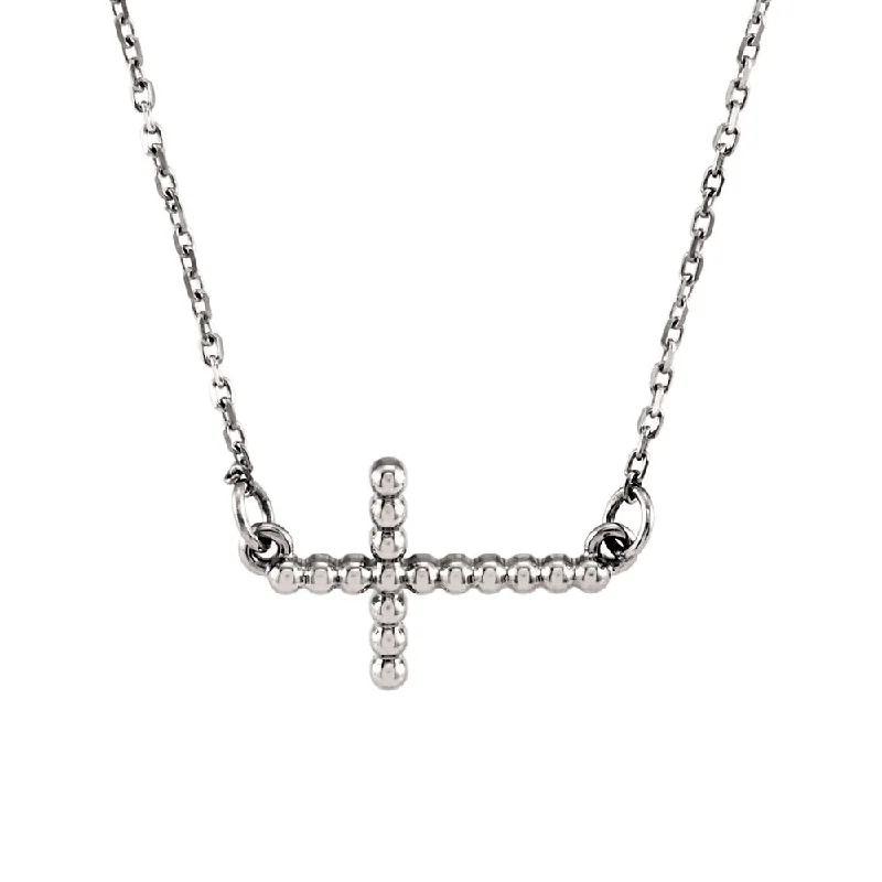 Designer Necklace for Fashion Lovers-19.5mm Sideways Beaded Cross Necklace in 14k White Gold, 16.5 Inch