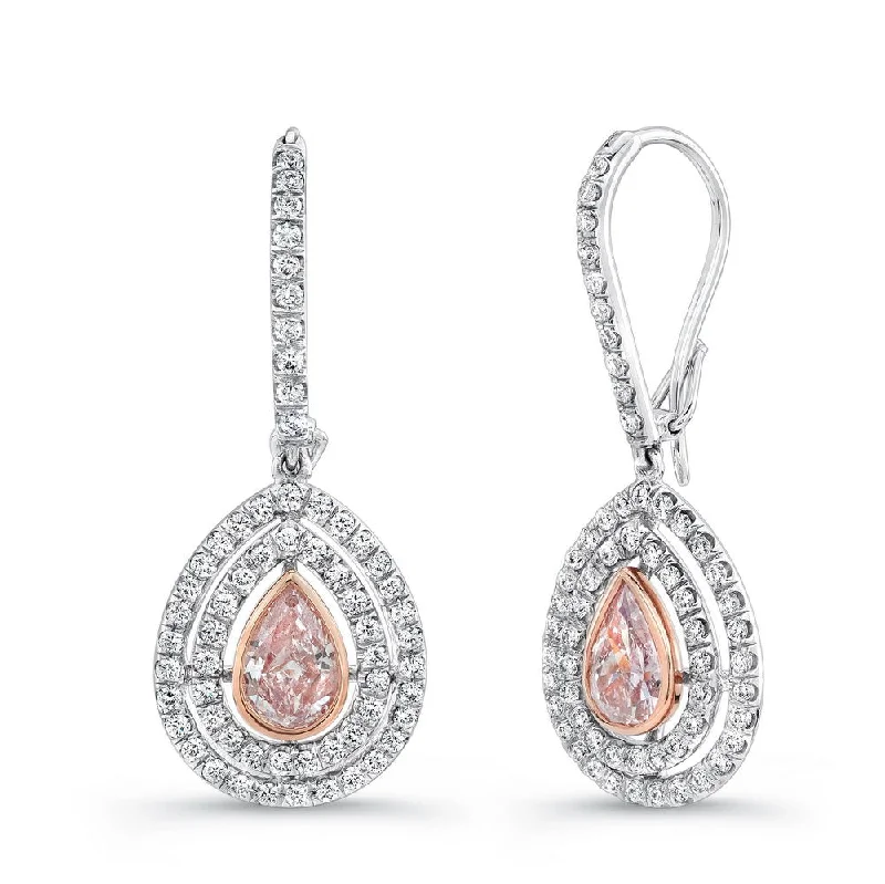 Stunning Drop Earrings for Weddings-Uneek Pear-Shaped Pink Diamond Double Halo Dangle Earrings