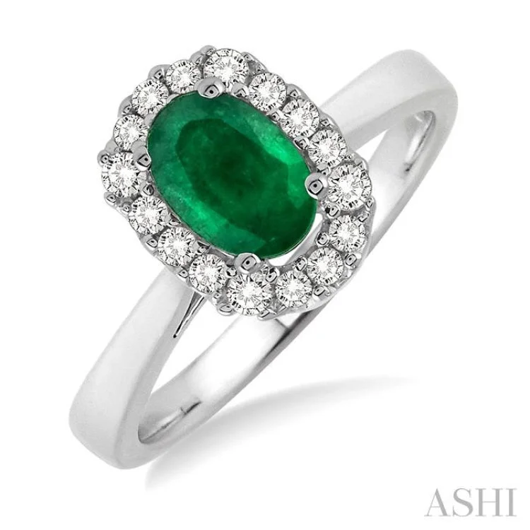 Handmade Gold Ring for Gifts-6x4 MM Oval Cut Emerald and 1/6 Ctw Round Cut Diamond Ring in 14K White Gold