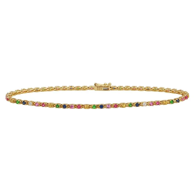 Diamond Bracelets for Weddings-14k Yellow Gold Rainbow Gemstone Tennis Bracelet