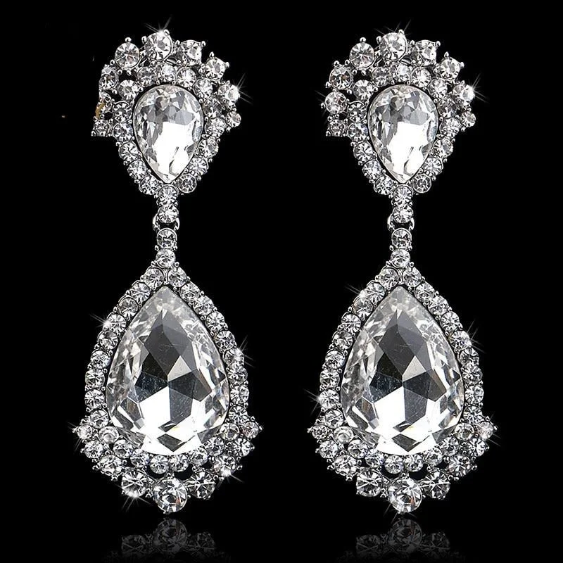 Gemstone Earrings for Evening-TRZ-006 Elegant Teardrop Crystal Bridal Silver Long Drop Earrings Wedding Jewelry Accessories