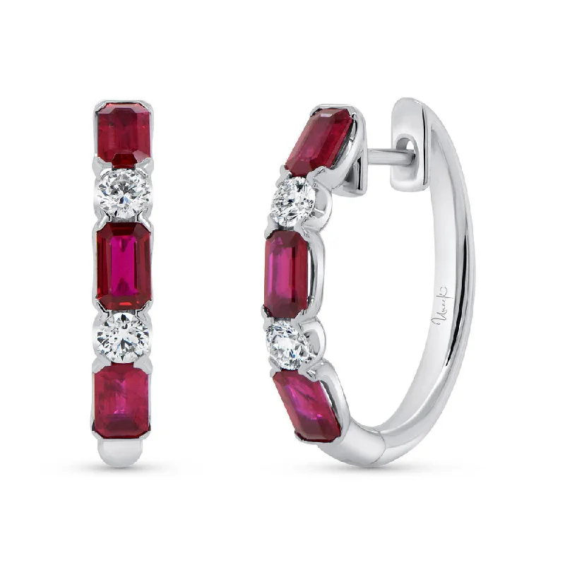 Fashionable Earrings for Parties-Uneek Precious Collection Emerald Cut Ruby Huggie Earrings