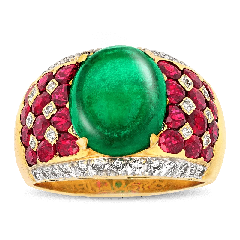 Chunky Gemstone Ring for Bold Style-Cabochon Emerald, Ruby and Diamond Ring