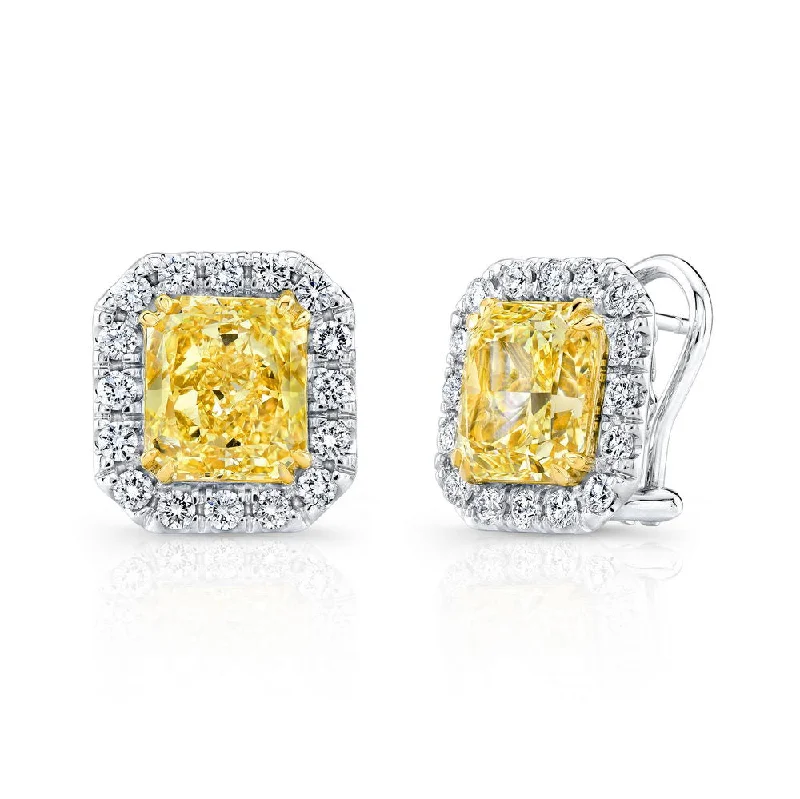 Large Gemstone Earrings for Special Events-Uneek Radiant-Cut Fancy Yellow Diamond Halo Earrings