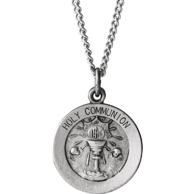 Diamond Pendant Necklace-Sterling Silver 15mm Holy Communion Medal Necklace, 18 Inch